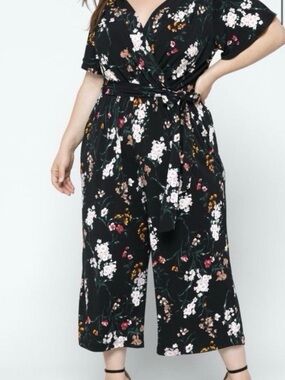 Kaileigh 2X Black Floral Wrap Wide Leg Cropped Jumpsuit Stitch Fix